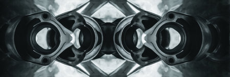 Pistons create a visually striking abstract pattern highlighting mechanical symmetry suitable for industrial design themes.の素材