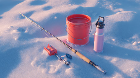 Colorful 3D rendering displays fishing gear including a rod, orange bucket, auger, and thermos resting on a snowy landscape.の素材