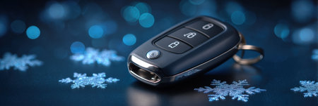 A sleek car key gathers attention on a vibrant blue surface, surrounded by delicate snowflake reflections, evoking a winter atmosphere.の素材