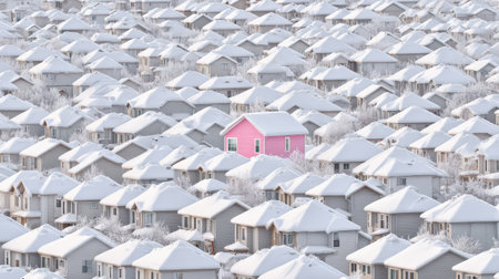 A distinct pink house captures attention among rows of identical white houses blanketed in snow, creating a striking contrast in winter.の素材
