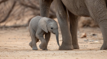 A young elephant walks calmly beneath its mother, feeling safe and protected in a serene natural environment.の素材