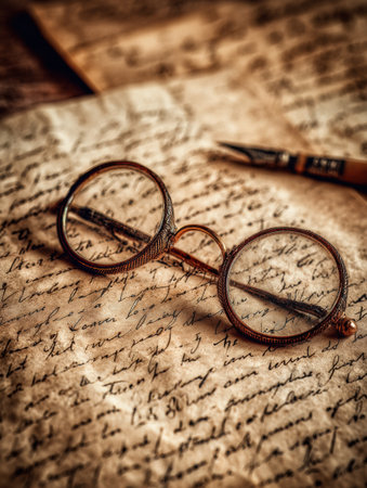Vintage glasses are placed on a nostalgic handwritten letter, evoking memories of the past in a warm and inviting setting.の素材