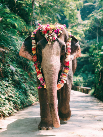 A majestic Thai elephant walks gracefully along a path in a vibrant tropical jungle, wearing a colorful floral garland, illuminated by soft light.の素材