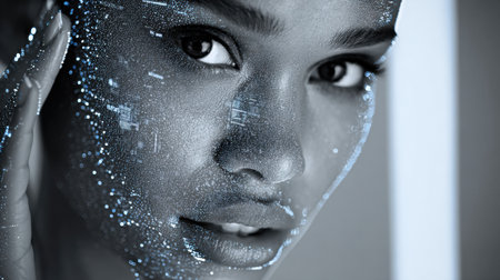 Holographic face scanner detects skin tone variations on a models face, presenting a blend of technology and elegance in a modern environment.の素材