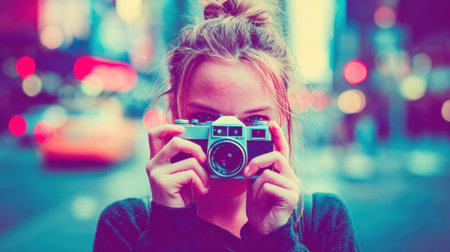 Subject holds vintage camera in focus while surrounded by a blurred cityscape, showcasing a creative moment amidst the urban energy.の素材