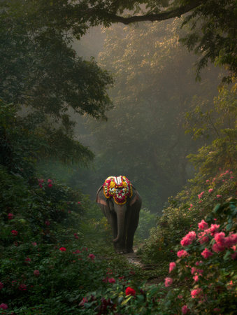 A Thai elephant, decorated with a vibrant floral garland, walks gracefully through a tropical jungle filled with greenery and flowers.の素材