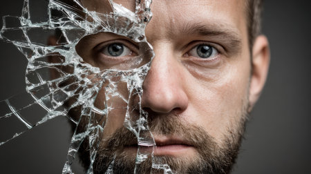 The cracked mirror reflects a man's face, showing themes of identity struggle and deep psychological tension with dramatic lighting.の素材