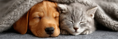 A puppy and a kitten sleep peacefully together under a soft blanket, showing the warmth and safety of their shared space.の素材