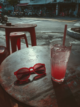 A pair of bright red sunglasses sits beside an iced drink on a wooden cafe table, capturing the essence of leisurely moments outdoors.の素材