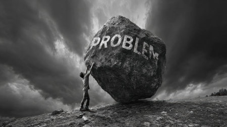 A man demonstrates strength and determination by lifting a large stone marked problem, showing the concept of overcoming obstacles.の素材
