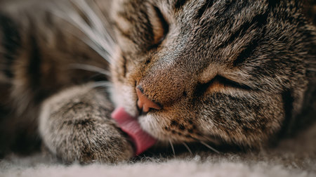A cat is peacefully licking its paw, demonstrating calm focus in a minimalist setting during a tranquil afternoon.の素材