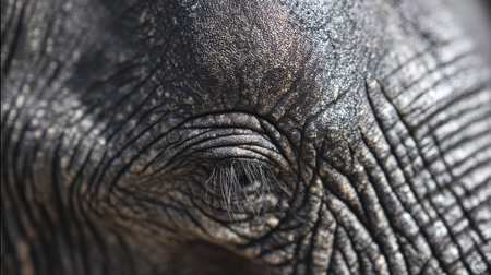 Detailed observation of elephant skin reveals a complex texture and unique patterns, emphasizing the animals majestic features and age.の素材