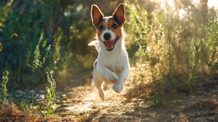 A puppy leaps with excitement in a garden, basking in warm sunlight surrounded by lush plants and an atmosphere of happiness.の素材