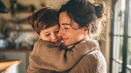 Bright sunlight fills the cozy living room as a mother lovingly hugs her child, creating a moment of family connection and joy.の素材