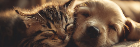 A playful kitten hugs a relaxed puppy in a warmly lit room, showcasing their adorable friendship during a peaceful afternoon.の素材