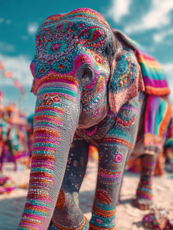 A beautifully adorned elephant walks through a festive setting, displaying intricate patterns and vibrant colors that celebrate Indian culture.の素材