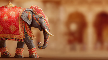 A majestic elephant in gold and red attire stands before an Indian temple, showing rich cultural traditions.の素材