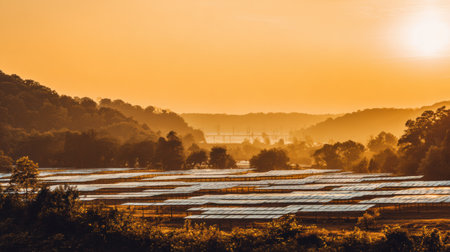 Golden hour illuminates a vast solar farm set among gentle hills, highlighting a vision for sustainable energy and a greener future.の素材
