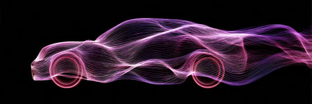 An elegant car shape emerges from colorful energy waves, conveying a sense of dynamic motion and speed in a vibrant display.の素材
