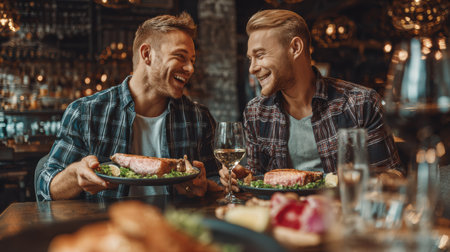 Two men are happily sharing a meal at a restaurant, smiling and joking while displaying their delicious plates of food.の素材