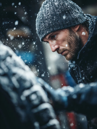 A man checks the tread depth of a tire in a snowy environment, ensuring vehicle safety for winter driving.の素材