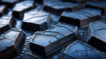 Close-up of a tire tread pattern with sharp lines and geometric shapes, emphasizing texture and design in macro perspectiveの素材