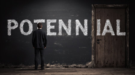 A man stands in front of a wooden door marked with the word potential, expressing hesitation and uncertainty about what lies ahead.の素材