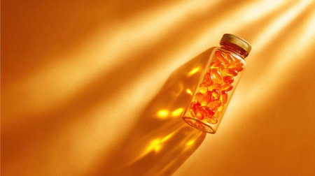 Sunlight reflects off a vibrant vitamin bottle, enhancing the warm colors and creating a lively banner scene perfect for wellness themes.の素材