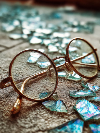 Glasses lay amid scattered light-catching fragments, symbolizing renewal and transformation in a unique artistic display.の素材