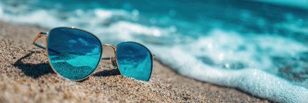 Bright sunglasses sit on warm sand as ocean waves softly crash nearby, creating a relaxing summer scene ideal for sunbathing.の素材