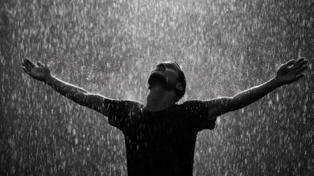 A person stands with arms spread wide in heavy rain, seeking emotional release and washing away guilt in a powerful moment of cleansing.の素材