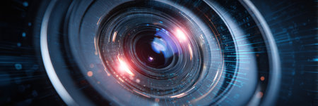 A lens captures a vibrant digital matrix, symbolizing the intersection of cybersecurity and clarity amidst advancing technology.の素材