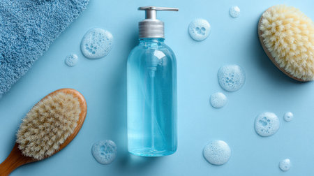 Bottles of pet shampoo and grooming brushes rest on a light blue surface, creating a fresh and tidy arrangement for pet care.の素材