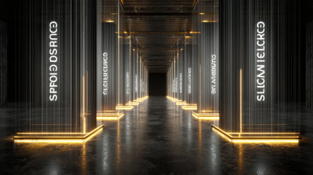 A corridor showcases four pillars labeled transparency, safety, risk, and fairness, illuminated by crisp light creating an engaging atmosphere.の素材