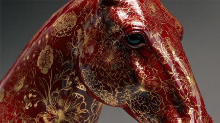 This stunning 3D horse sculpture showcases detailed red lacquer and intricate gold floral engravings, epitomizing luxury artistry.の素材