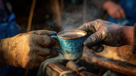 Two fishermen in gloves pass a steaming mug of tea, sharing warmth and camaraderie during a cold day on the water.の素材