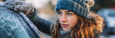 A woman removes frost from her car windshield early in the morning while the sun rises and casts a warm glow on the scene.の素材