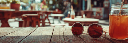 Sunglasses lay on a rustic wooden table next to a chilled iced drink, offering a glimpse of a vibrant outdoor cafe scene in the afternoon.の素材