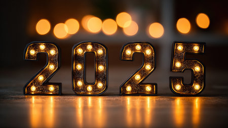 Celebration ambiance with bright and glowing 2025 numbers, creating a cozy and inviting atmosphere for the new year.の素材