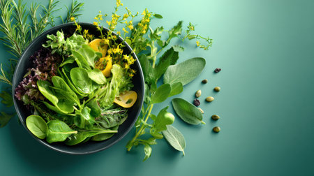 A colorful salad bowl showcases a variety of fresh greens and herbs arranged neatly with a calm, minimal setting.の素材