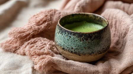 A cup of matcha tea resting on a soft linen cloth, inviting mindfulness and tranquility during a peaceful moment.の素材
