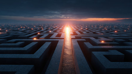A surreal maze stretches across the landscape, illuminated by a bright exit path, representing clarity and solutions at dusk.の素材