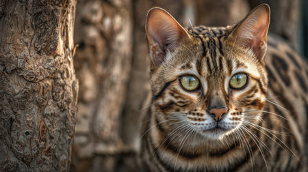 A Bengal cat with an eye-catching leopard pattern rests near a tree, showing its vibrant fur and piercing green eyes in soft evening light.の素材