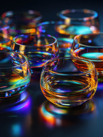 Colorful glasses hover, casting beautiful rainbow reflections in a creative display, evoking a sense of wonder and imagination.の素材