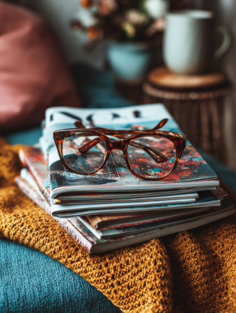 A stack of colorful fashion magazines sits on a soft couch, with stylish glasses on top, surrounded by a cozy atmosphere and warm colors.の素材