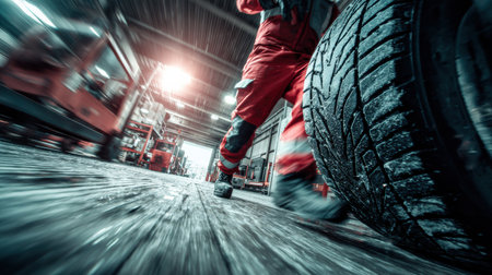 A worker installs snow tires in a garage filled with tools and equipment, showcasing motion blur and the energy of winter preparation.の素材