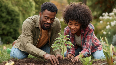 A couple plants a young tree together in their backyard, promoting family sustainability and nurturing nature in a bright environment.の素材