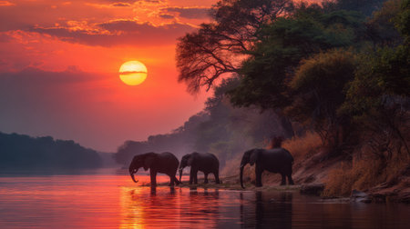 Elephants stroll peacefully along the riverbank as the sun rises, casting a warm glow over the tranquil landscape.の素材