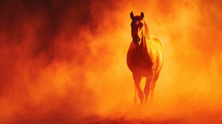 A stunning golden horse silhouette stands out against fiery red clouds, creating a magical festival atmosphere filled with energy and excitement.の素材