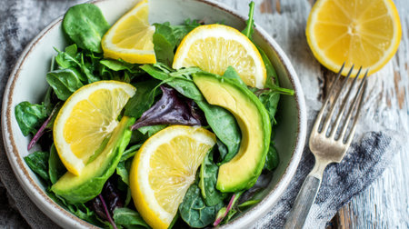 Bowl of vibrant green salad featuring avocado and lemon slices, perfect for a nutritious lunch at home.の素材